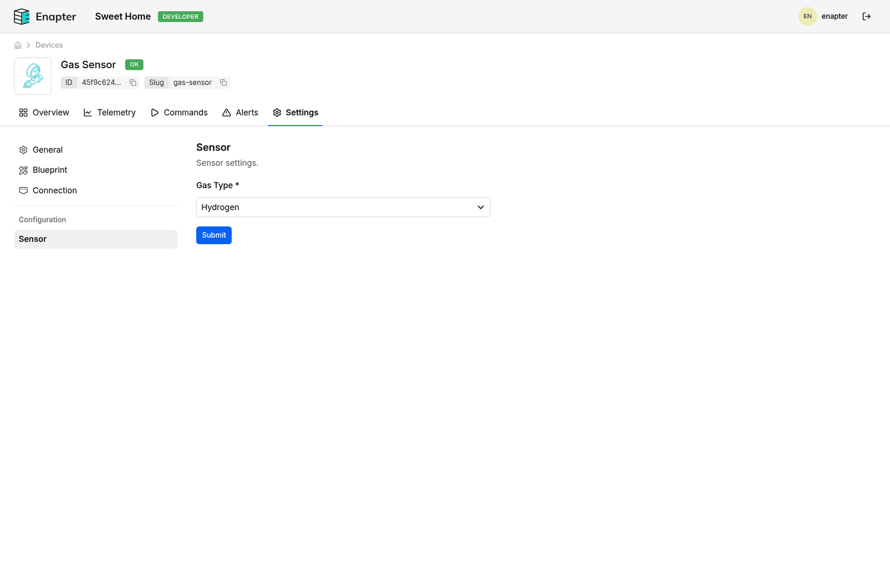 Set a gas type in device settings